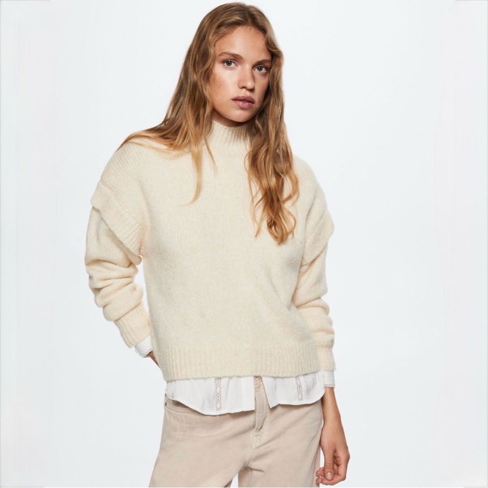 Mango Cream Mock Neck Knit Sweater Ruffle Shoulder Cropped Size S